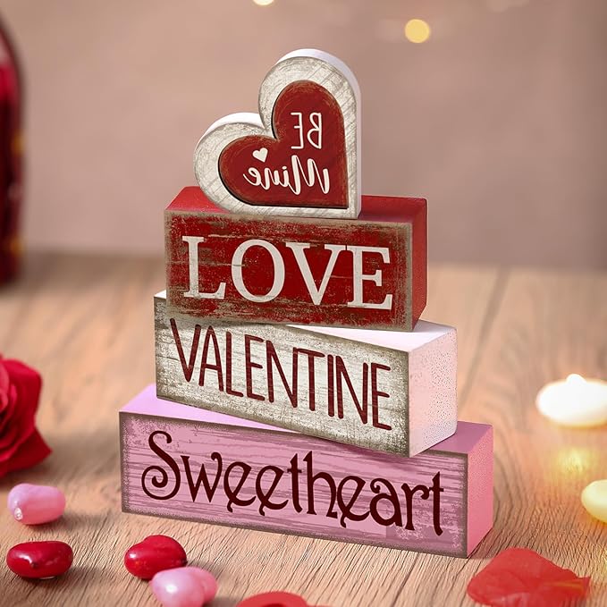 4 Pcs Valentine Table Decor Wooden Red Love Decoration, Valentine's Day Be Mine Centerpiece, Valentine Tiered Tray Decor Red Heart Block Signs Gift for Farmhouse Home Kitchen