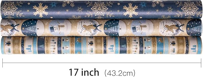 RUSPEPA Christmas Kraft Wrapping Paper Roll - Mini Roll - 17 inches x 10 feet per Roll, Total of 3 Rolls - Blue Snowman and Snowflake