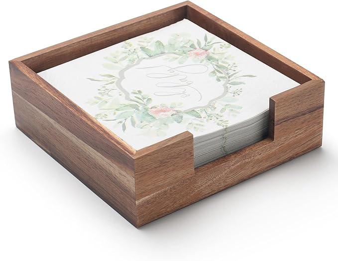 Wood Napkin Holder Square, Flat Napkin Holder, Wooden Luncheon Napkin Basket Tray for Kitchen Bathroom (7.5 x 7.5 x 2.5 inch)