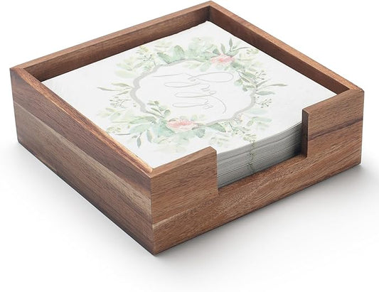 Wood Napkin Holder Square, Flat Napkin Holder, Wooden Luncheon Napkin Basket Tray for Kitchen Bathroom (7.5 x 7.5 x 2.5 inch)
