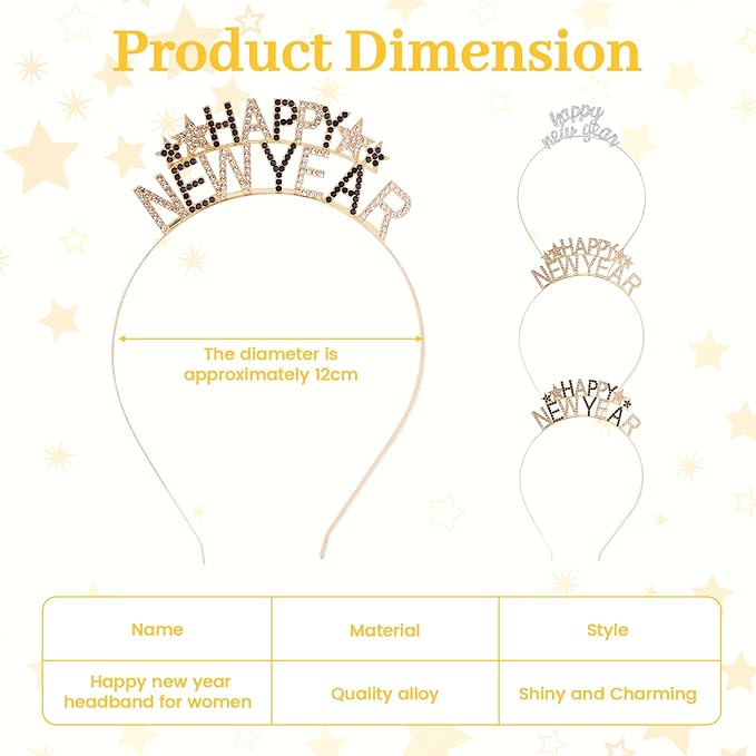 3 Pack Happy New Year Headband Tiara,New Years Eve Headbands for Women,New Years Eve Party Supplies Decorations,New Year Eve Hair Accessories,Rhinestone Hair Clasp Tiaras