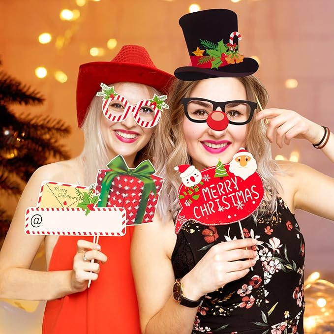 SUNBEAUTY 28 PCS Christmas Photo Booth Props Christmas Party Supplies Selfie Holiday Photo Booth Props Perfect for Family Gatherings, Parties & Holiday Events