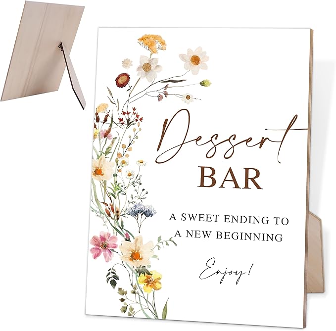 Flower Dessert Table Sign, Wedding Decorations for Reception, Bridal Shower Party Decor, Table Centerpieces for Party, Wedding Guest Gifts, 6X8 Inch Wooden Bridal Shower Signs with Stand, 6