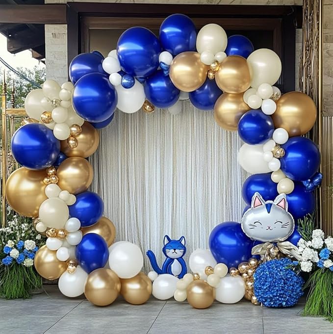 Royal Blue and Gold Balloon Garland - Double Stuffed Pearl Sand White Blue Gold Balloons Arch Kit for Birthday Graduation Anniversary Bachelorette Wedding Baby Shower Party Decoration