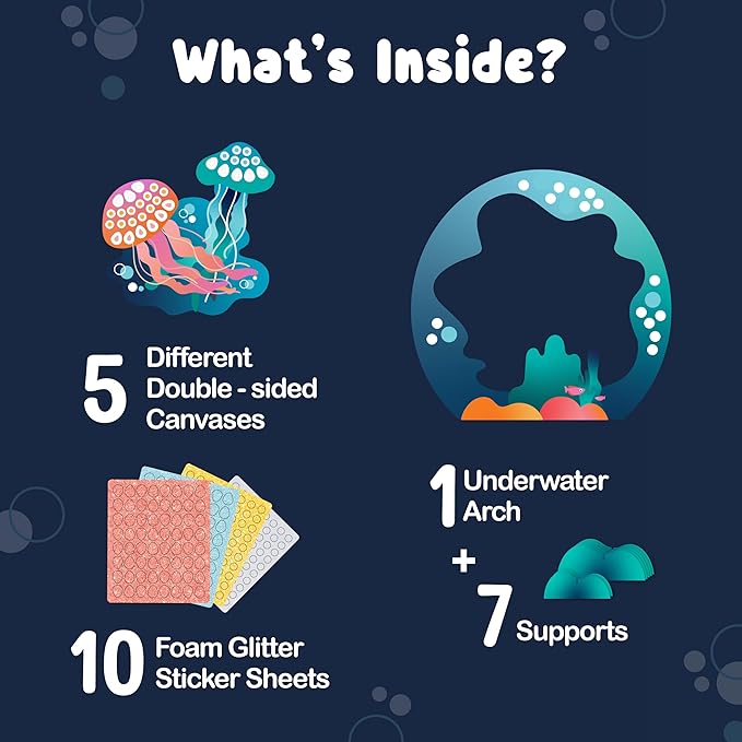 BINCA Foam Sticker Mosaic Art Activity, 750+ 3D Glitter Foam Stickers, 5 Underwater Animals with Display Arch, Christmas Stocking Stuffers, DIY Mess-Free Activity, Gifts for Boys & Girls Ages 5,6,7,8
