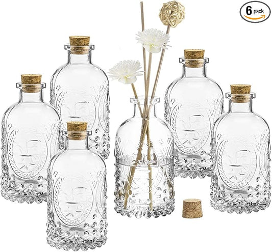 MyGift Vintage Design Embossed Fleur De Lis Clear Glass Bottles with Cork Lid, Apothecary Flower Bud Vases, Set of 6
