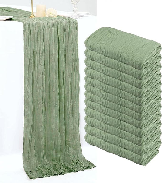 12 Pack Cheesecloth Table Runner, 35 x120 Inch Boho Gauze Sage Green Table Runner 10ft Rustic Sheer Long Cheese Cloth Runners for Christmas Wedding Party Baby Shower Table Decor