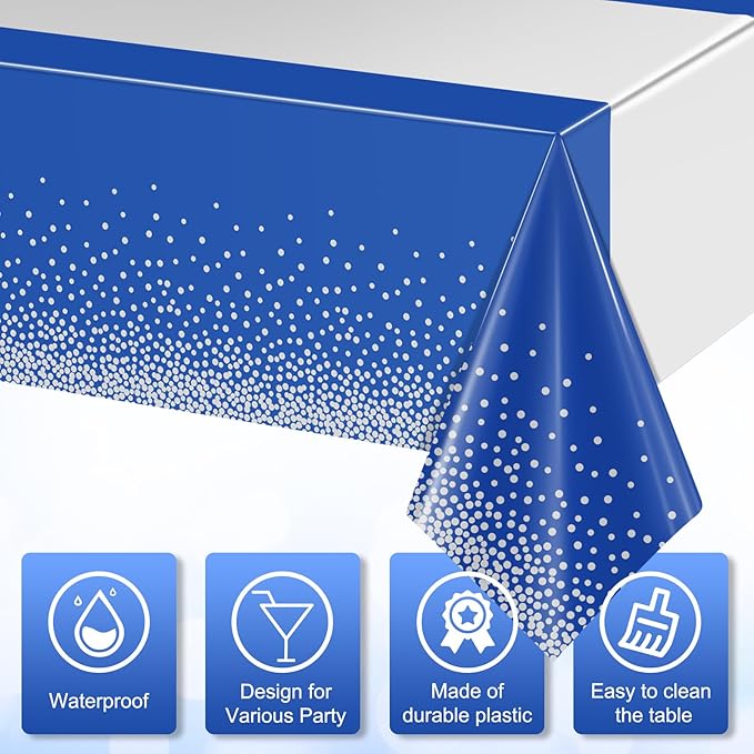 12Pcs Blue Silver Tablecloth Party Decorations,Plastic Royal Blue Table Cloth Printed Silver Table Runner Disposable Rectangle Tables Cover for Anniversary Wedding Graduation 2024 Party,54 x108 Inch