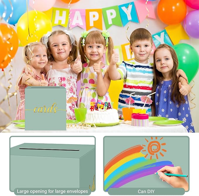 1 Pack Sage Green and Gold Foil Card Box for Party, 8.7" Sage Green Gift Card Box Money Box for Birthday, Wedding, Baby Shower, Retirement, Anniversary, Bridal Shower, Raffle Ticket