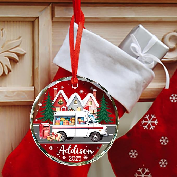 Mail Carrier Christmas Glass Ornament 2025, Personalized Mail Truck Xmas Tree Ornament Gifts for Mailman Postal Worker & Driver, Christmas Truck Decor, Customized Name Mailman Ornaments Xmas