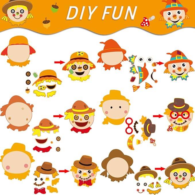 chiazllta 30 Pcs Thanksgiving Fall Crafts for Kids DIY Scarecrow Craft Kits Kindergarten Autumn Art Craft Make Your Own Scarecrow Head Set for Home Class Game Activities Preschoolers