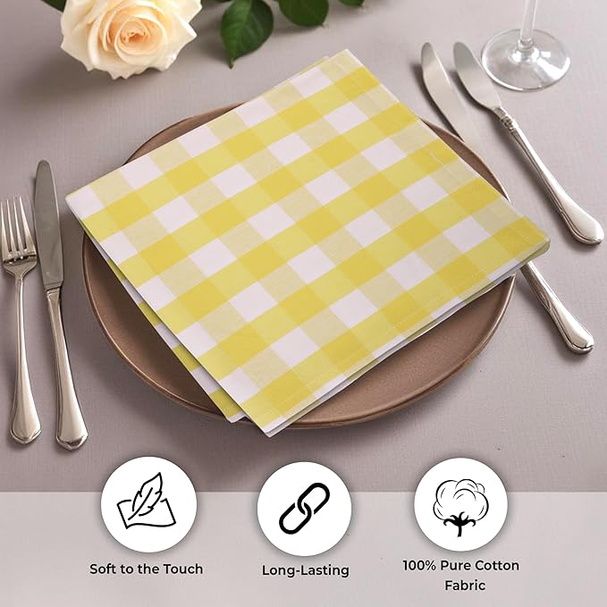 Urban Villa Easter Cloth Napkins 100% Cotton Dinner Napkins Highly Absorbent 20x20 Inches (Set of 12) Yellow White Buffalo Checks Reusable Washable Soft Durable Napkins Ideal for Home Wedding Parties