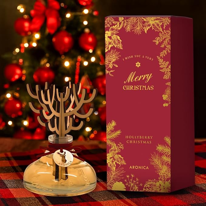 Aronica Christmas Tree Diffuser - Hollyberry Scent, Christmas Decorations Red Reed Diffuser, Cinnamon Smell Holiday Apartment Essentials, Navidad Winter Scented Aromas Home