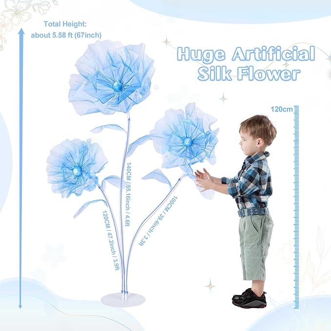 B-COOL Giant Artificial Flower for Reception Decoration: 5.58 ft Blue Huge Artificial Silk Flowers with Standing Base for Wedding Bridal Shower Baby Shower Party Christmas Decor Shop Window Display