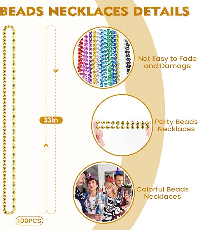 100 PCS Mardi Gras Beads Necklaces, 10 Colors 33 Inch Colorful Bead Necklaces Bulk Party Beads Necklace Round Beaded Necklaces for Mardi Gras, St. Patrick's Day, Christmas, Carnival Party Favor
