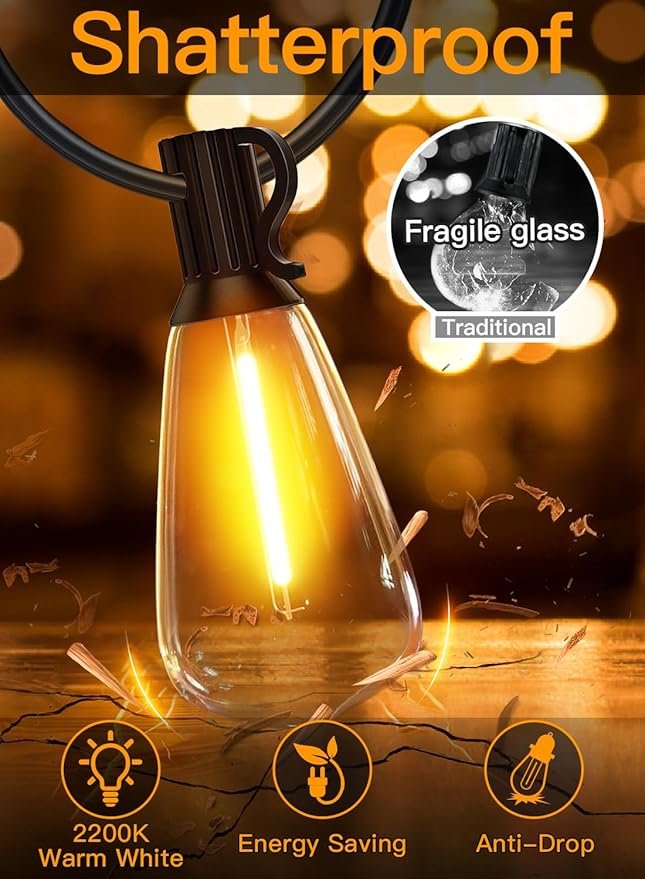 Ollny Outdoor String Lights 160FT, Shatterproof Connectable Patio Lights with 80+4 Spare ST38 Vintage Bulbs, 2200K Warm White Waterproof Outside Hanging Light for Yard Camping Gazebo Porch Balcony