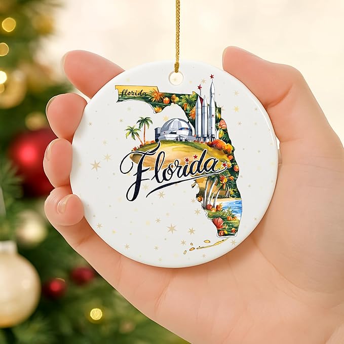 USA State Landmark Ceramic Ornament – Round Glossy Christmas Decoration Featuring U.S. State Art, Landmarks & Holiday Scenery – Collectible Travel Souvenir Ornament Series (Florida)