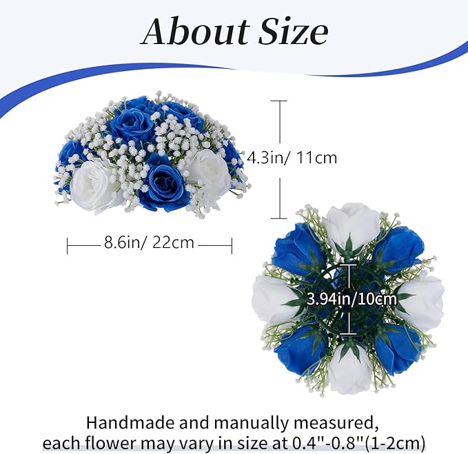 BLOSMON Fake Flowers Ball Wedding Centerpieces 2 Pcs Royal Blue Rose Babys Breath Artificial Flower Center Pieces Decoration for Table Faux Silk Floral Bouquet Arrangements for Home Party DIY Decor