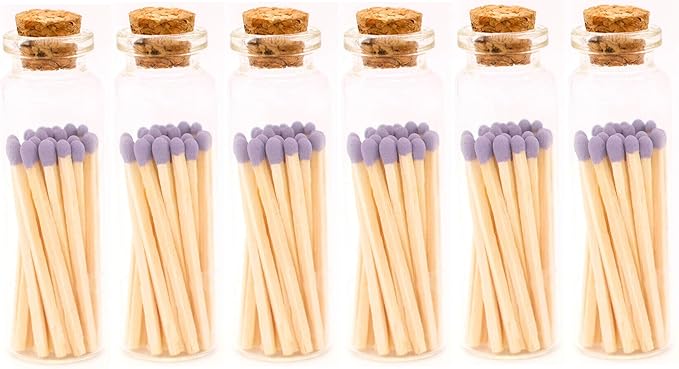 River Birch Lavender Tip Decorative Matches | 120+ Small Premium Wooden Safety Matches | 6 Bottles of 20+ Matches Each with Striker on Bottom | Home Decor