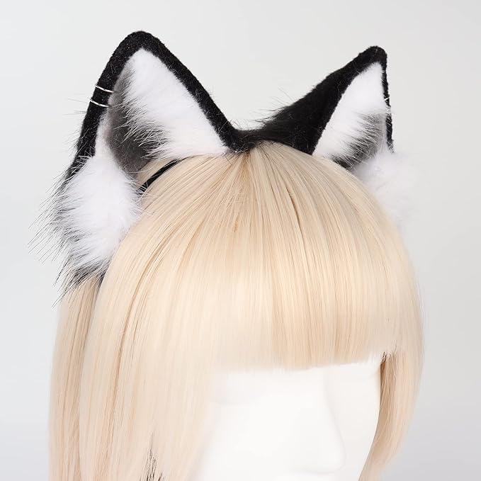 QinRuan Animal Cosplay Costume Accessories Furry Faux Fur Cat Ears Headband and Fox Tail Set Halloween Accessory