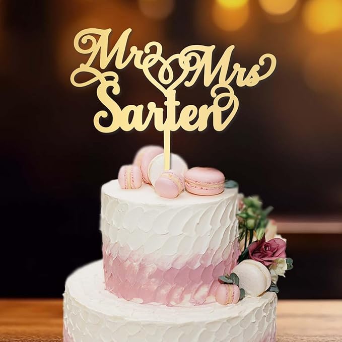 Wedding Cake Topper Personalised Mr and Mrs Calligraphy Custom Cake Topper Surname Gold Acrylic Customized Monogram Cake Toppers Silver, Black, White, Red, Blue, Rustic Party Cake Supplies, Made USA