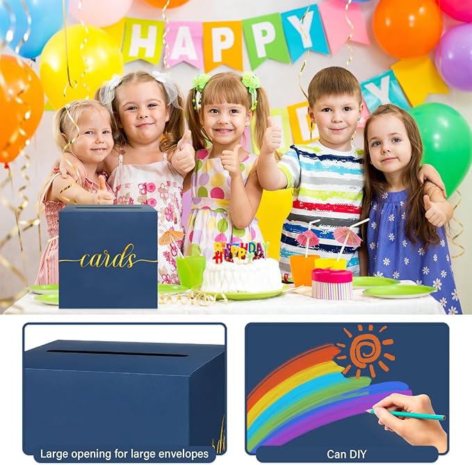 1 Pack Navy Blue and Gold Foil Card Box for Party, 8.7" Navy Blue Gift Card Box Money Box for Birthday, Wedding, Baby Shower, Retirement, Anniversary, Graduation, Raffle Ticket