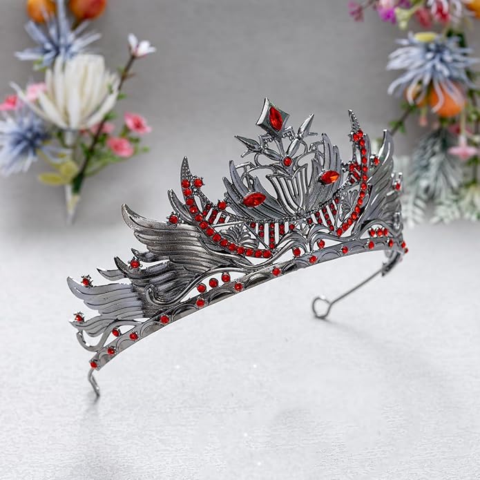 Gothic Red Crystal Flame Wing Tiara Crown for Women Girls, Halloween Cosplay Dark Queen Headpiece, Vintage Rhinestone Headband for Masquerade Party Wedding Prom Stage Accessories