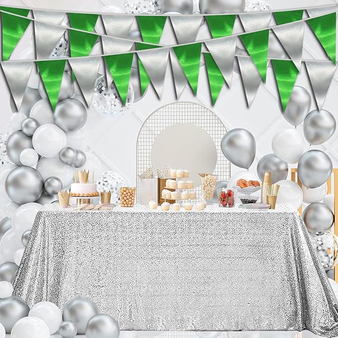 20M/65FT Green Silver Triangle Pennant Banner Flag Metallic Fabric Bunting Garland for Christmas Graduation Wedding Engagement Anniversary Bachelorette Birthday Bridal Shower Hen Party Supplies
