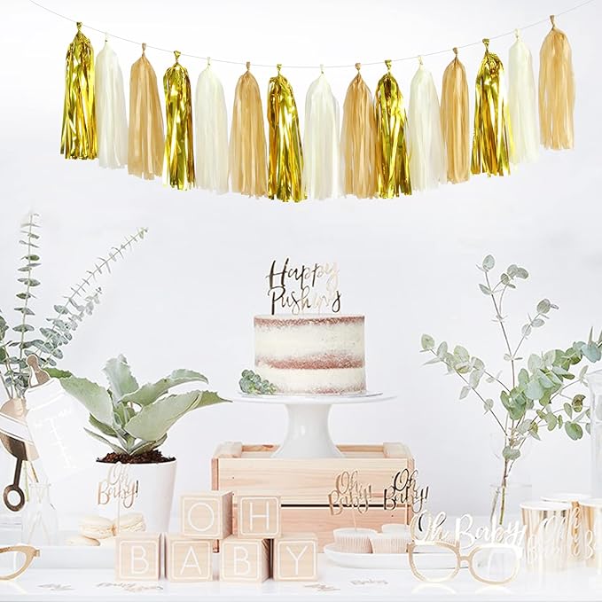 White Gold Champagne Party-Decorations Tassel-Garland -15pcs Christmas Wedding Engagement Tassels Banner Streamers Bachelorette Neutral Birthday Baby Bridal Shower Decor Panduola