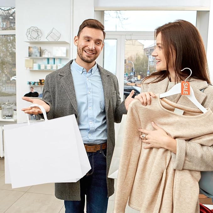 MESHA 16x6x12'' White Kraft Paper Bags With Handles,50 Pack Large Gift Bags Bulk Bulk Reusable for Business,Retail,Birthday,Wedding,Party,Favor,Merchandise,Grocery Shopping Bag