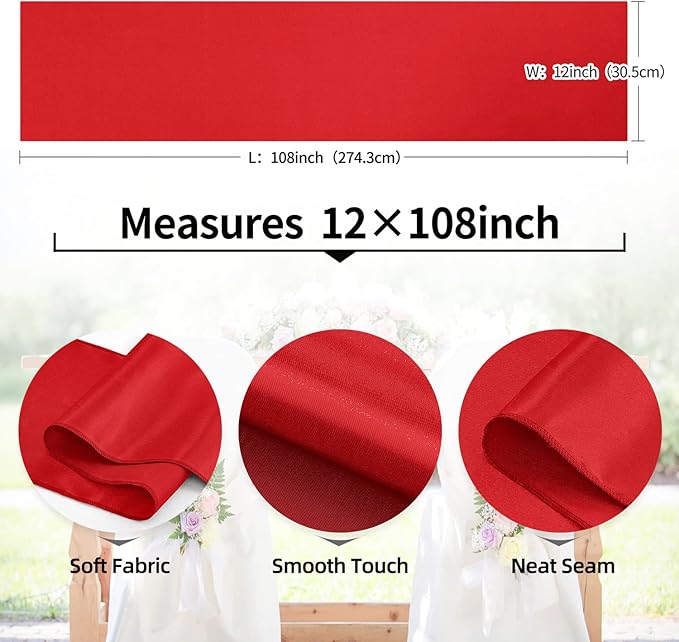 10 Pack Satin Table Runners Red 12x108 Inch Long,Satin Silk Smooth Fabric Table Runner for Wedding,Birthday Party and Banquet Decoration,Chair Sashes,Red