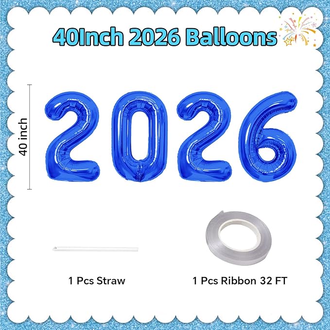 KALOR 42 Inch 2026 Dark Blue Foil Mylar Number Balloons, Giant 2026 New Years Decorations for 2026 Happy New Year Eve and Graduations Party Supplies