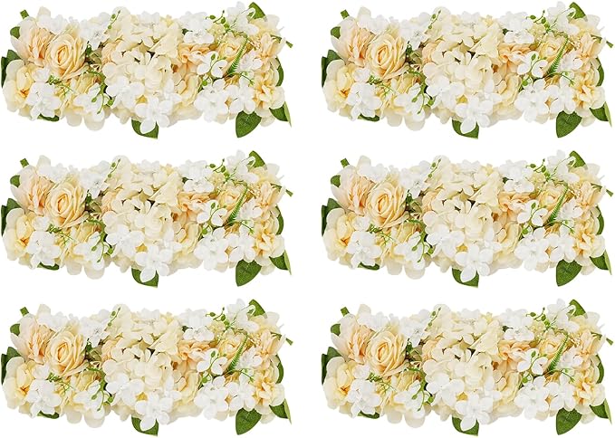 6 Pack Artificial Peony Garland,Wedding Arch Artificial Flower Panels,Flowers Wall Backdrop Panel for Wedding Dining Table Christmas Home Party Decor (White&Champagne)