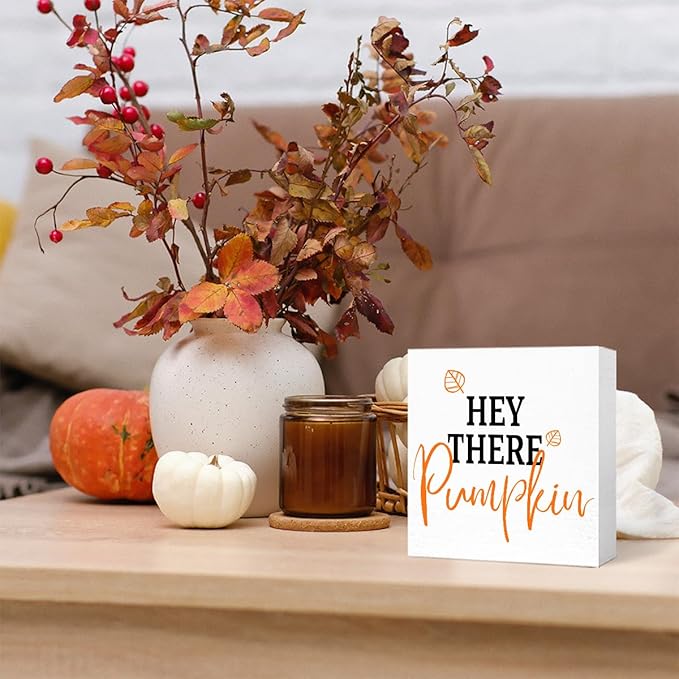 Funny Autumn Maple Leaves Wood Box Sign Hey There Pumpkin Wooden Block Desk Decor for Home Office Kitchen Cubicle Table Shelf Tabletop,Farmhouse Fall Sign Decor