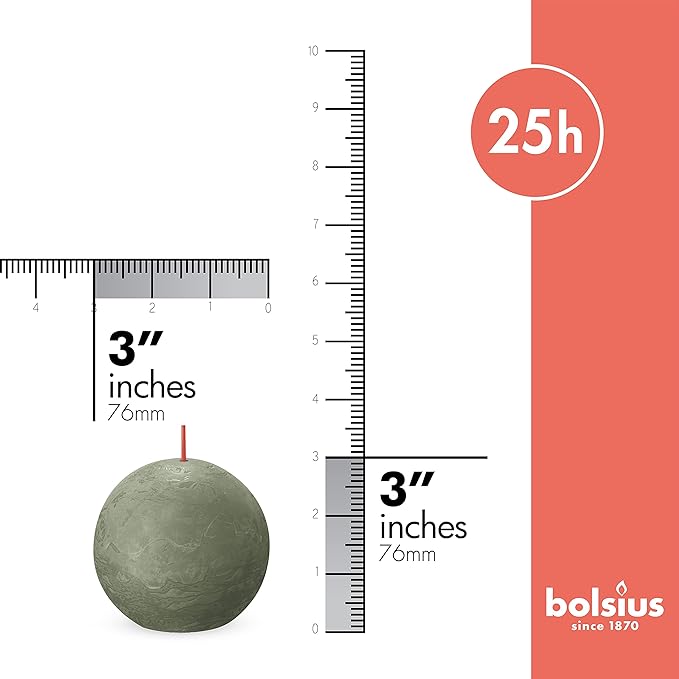 BOLSIUS 3 Pack Fresh Olive Rustic Ball Pillar Candles - 3 Inch - Premium European Quality - Includes Natural Plant-Based Wax - Unscented Dripless Smokeless 25 Hour Party Décor and Wedding Candles