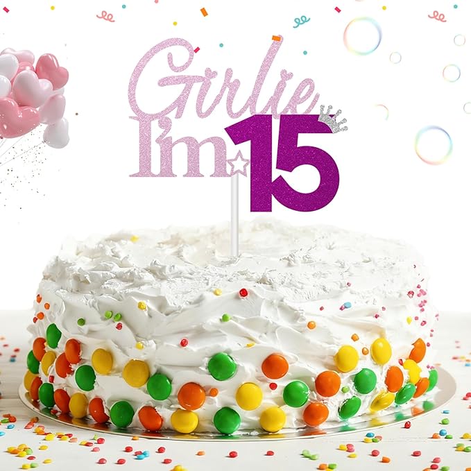 Girlie I'm 15 Cake Topper, 15th Birthday Decorations for Girl, Glitter Funny 15th Birthday Cake Topper, Girlie 15 Year Old Birthday Party Decoration Supplies