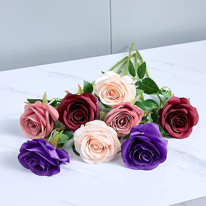 12pcs Roses Artificial Flowers Fake Roses Dusty Rose Pink Silk Roses Silk Flowers Rose with Long Stems for Wedding Home Party Centerpieces Decorations