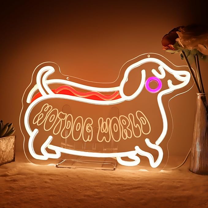 Hot dog World Neon Sign,Led Dog Neon Light Sign,Funny Dachshund Room Decor Sign,Hanging Neon Sign For Kids Room Bedroom Kitchen Cafe Restaurant Wall Decor
