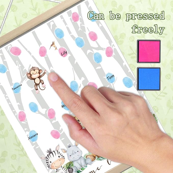 QZCYU Gender Reveal Decorations Fingerprint Tree with Woodland Safari Animals, Gender Reveal Games Canvas Hanging Paintings Decor, Baby Shower Ideas