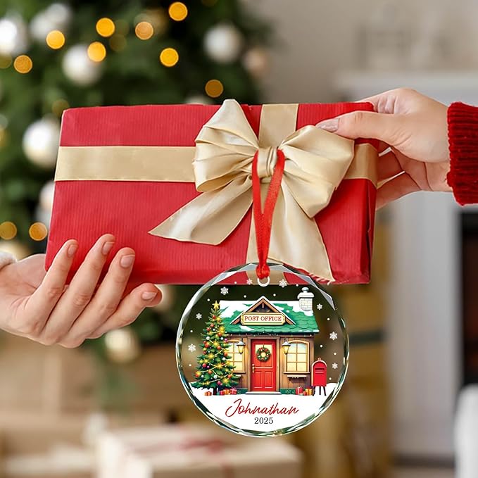 Post Office Personalized Christmas Glass Ornament, 2025 Christmas Ornament Gift for Postal Worker Mail Carrier, Custom Name & Year Mailman Xmas Ornament Keepsake, Post Office Ornaments for Xmas Tree