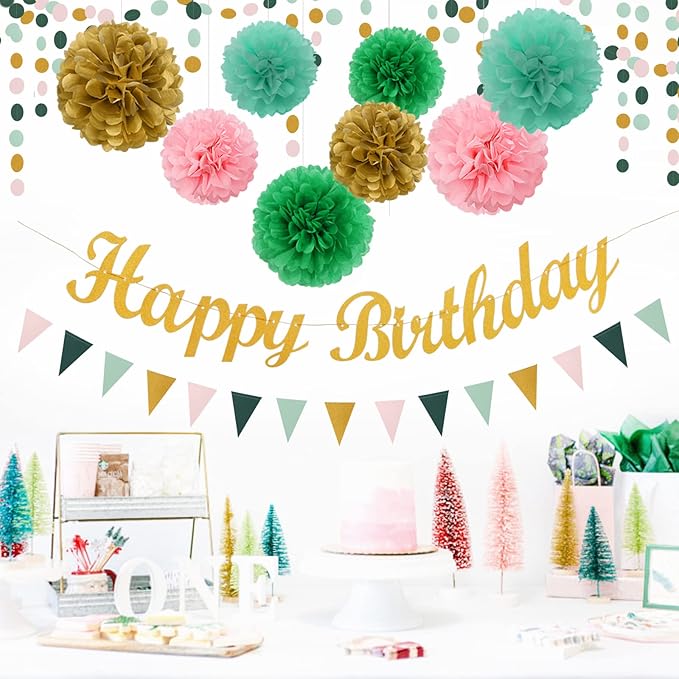 Sage-Green Pink Mint Gold Birthday Decorations - 31pcs Party Kits Happy Birthday Banner Flags,Tissue Paper Pom Poms,Circle Dots Garland,Tassel Streamers,40th 50th Women Men Birthday Decor Panduola