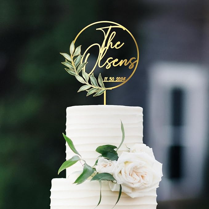 Personalized Wedding Cake Topper with Custom Bride & Groom's Last Name and Wedding Date Round Cake Decoration with Green Leaves