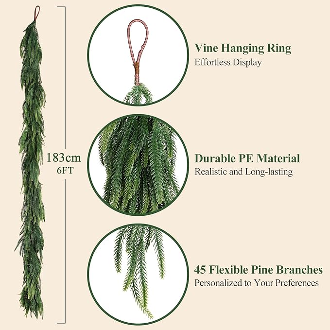 6FT Norfolk Pine Garlands for Decoration, Real Touch Christmas Greenery Garland for Staircase, Mantel, Fireplace, Wall, Home Holiday Outdoor Indoor Christmas Decorations, Easy to Shape, 1P