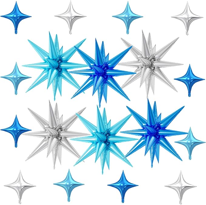18 Pcs Blue Silver Star Balloons, Silver and Blue Balloon with 6 Pcs 22-Inch Explosion Star Balloons 12Pcs 10-Inch Four Pointed Stars Foil Balloon for Boys Baby Shower Birthday Party Decoration