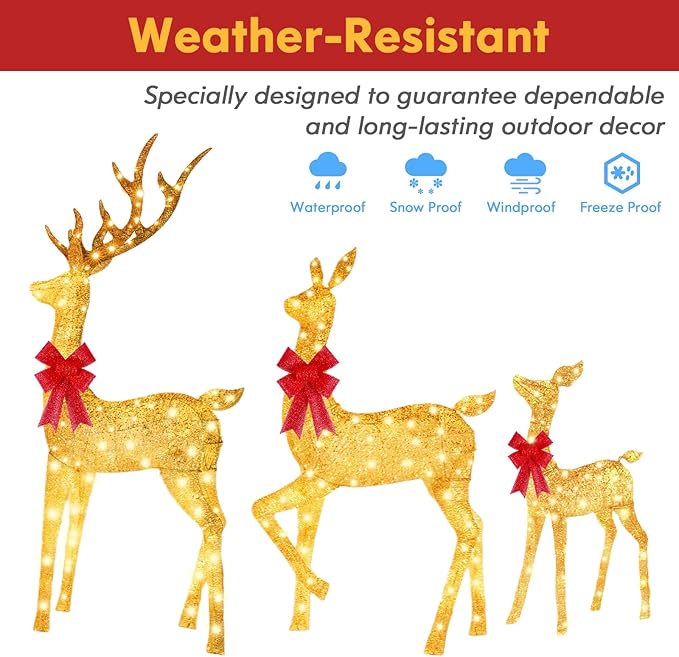 3-Piece Reindeer Outdoor Christmas Decoration, 6.7FT Large Lighted Christmas Deer Family Set, Outdoor Reindeer Xmas Decorations Yard with 400 LED Lights, Stakes, Zip Ties - Gradient Gold