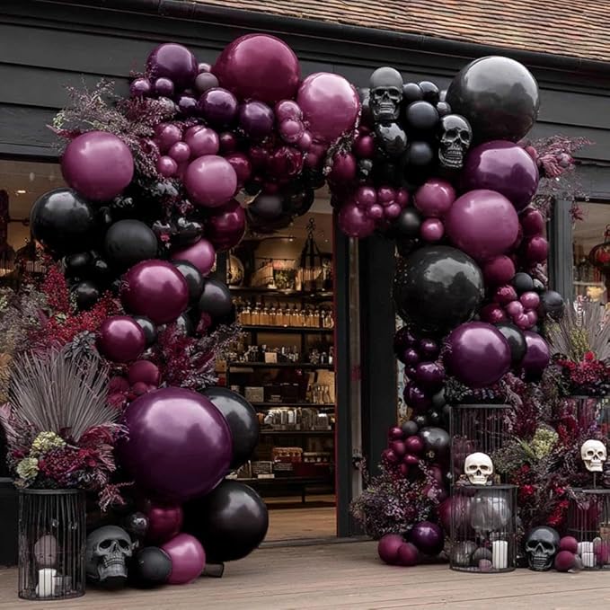 Dark Purple Black Balloons Garland Double Stuffed Black Burgundy Plum Balloon Arch Kit for Birthday Spooky Halloween Wednesday Vampire Gothic Dark Party Decorations