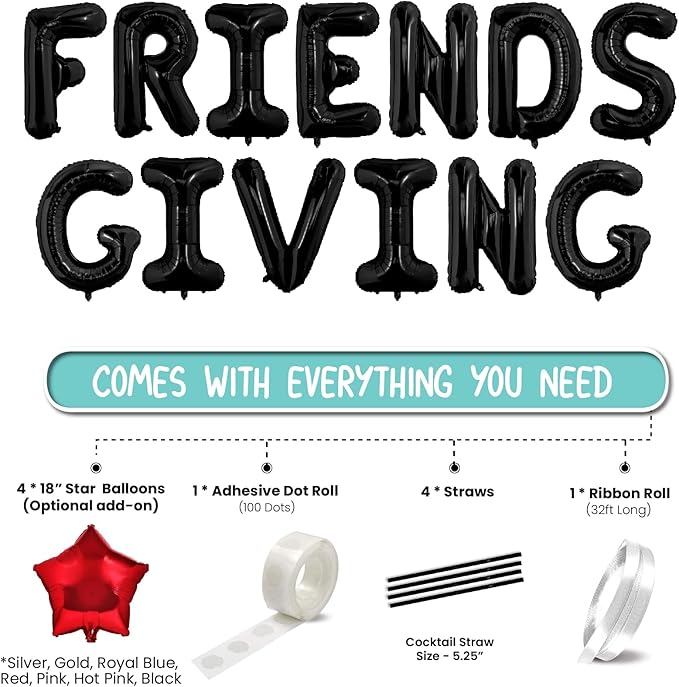 BALLOON VIBE Friendsgiving 2025 Balloons Banner - 16” Foil Balloons Kit for Happy Friendsgiving Party Decorations & Photo Props - Includes Straws, Ribbon & Adhesive Dots