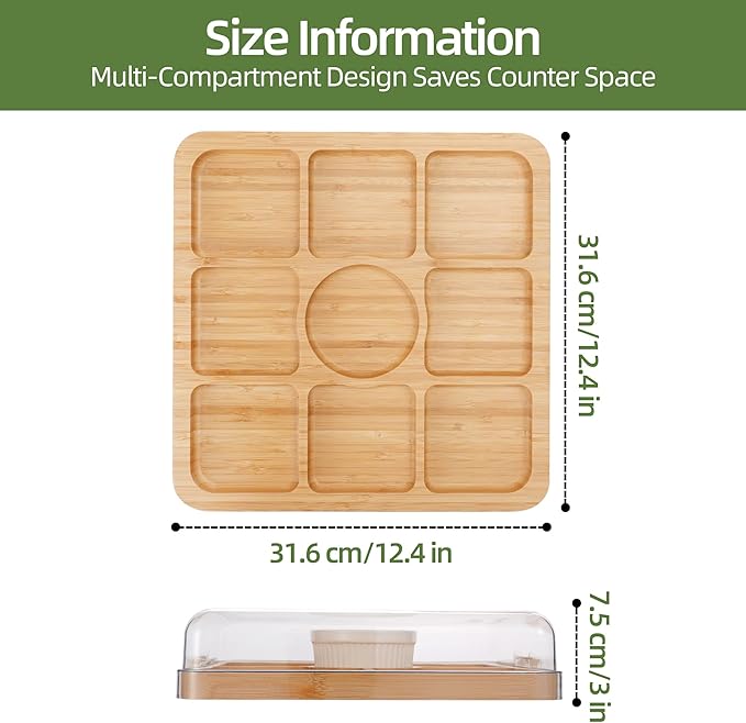 YANG Charcuterie Board with Lid, Divided Bamboo Serving Tray with Leak-Proof Locking Lid, Serving Platter for Party Appetizer Cheese Snack Gift Ready (9 Compartments,Square)