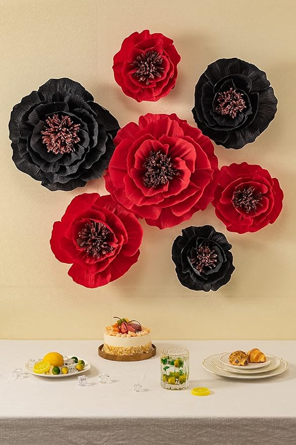 Artificial Paper Flower Decorations for Wall Backdrop Wedding, Giant Paper Flowers, Handcrafted Flowers for Birthday Baby Shower Bridal Shower Nursery Decor(Black & Red Set 7)