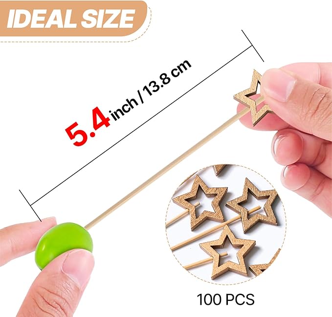 PuTwo Gold Star Cocktail Picks 4.7 Inch 100pcs Bamboo Fancy Skewers Toothpicks for Appetizers Food Drink Fruit Sandwich BBQ Wedding Cocktail Party Charcuterie Boards Accessories Party Supplies